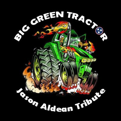 Cartoon green tractor with flames and text tribute to Jason Aldean.