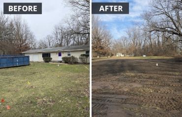 Side-by-side comparison of a yard before and after clearing and leveling the ground.