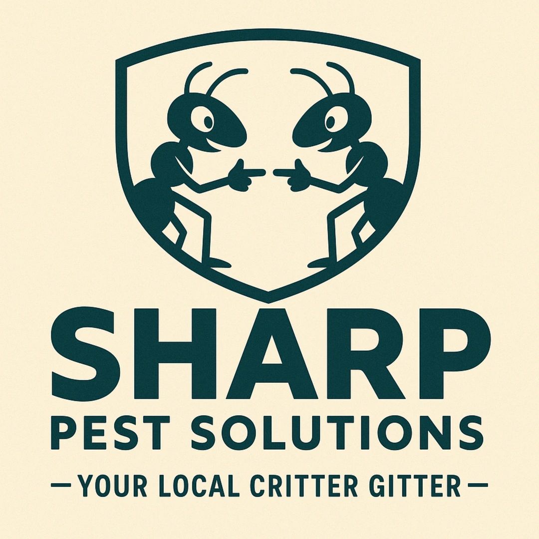 Logo of Sharp Pest Solutions with two ants pointing at each other inside a shield.