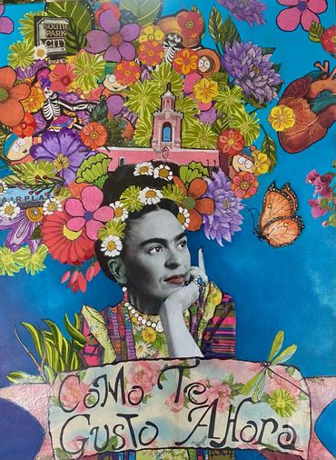 Frida Salutes Casa Bonita, 16"x20", Mixed Media Collage, Framed, Sold/NFS