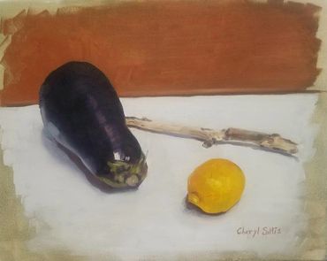 Eggplant, Stick, and Lemon, 11"x14", Oil on Canvas, Framed