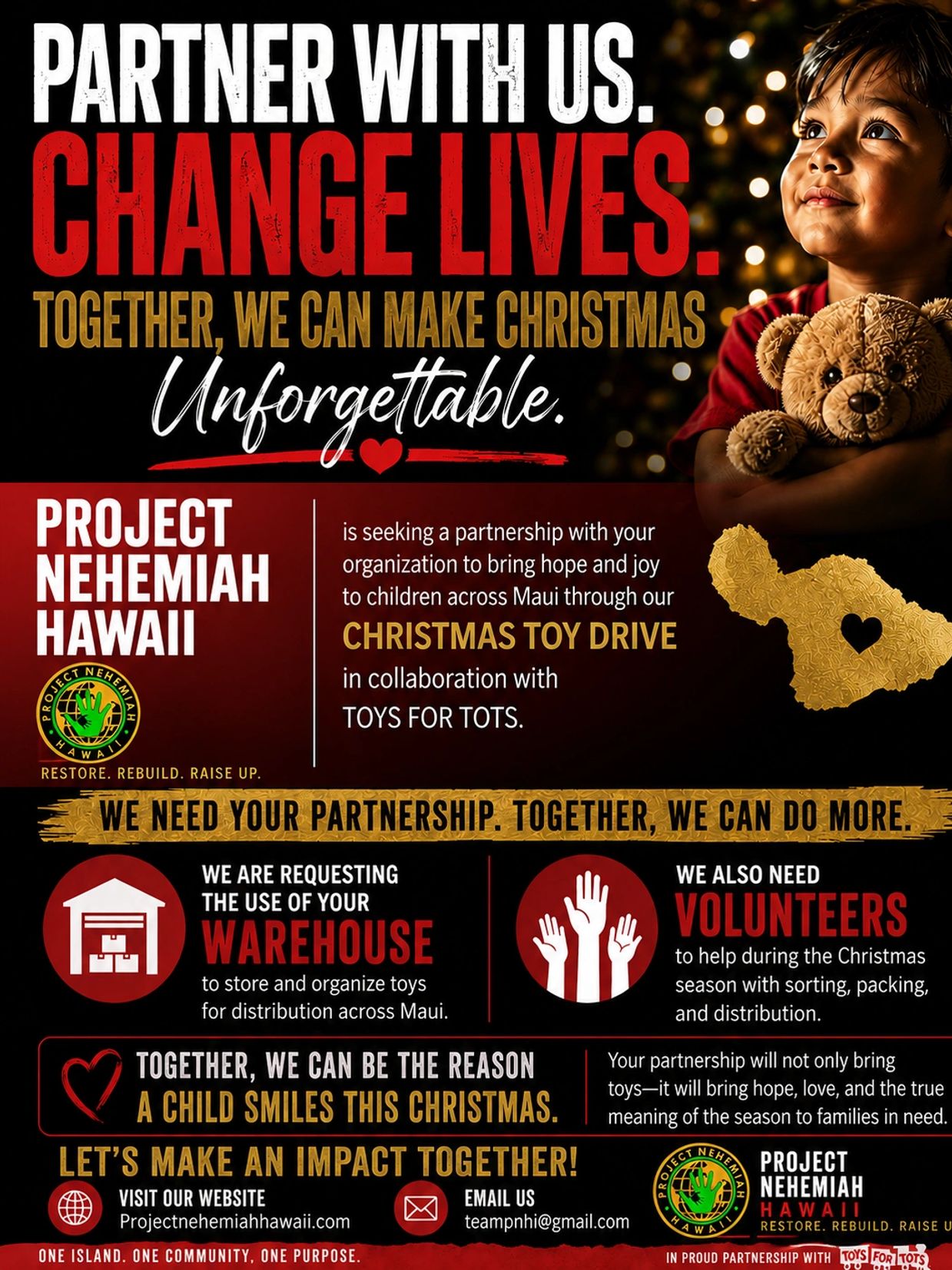 Project Nehemiah Hawaii seeks partnership for Christmas Toy Drive to help children in Maui.