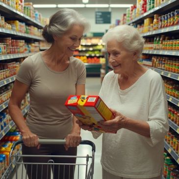 Two elderly women shopping and comparing cereal boxes.