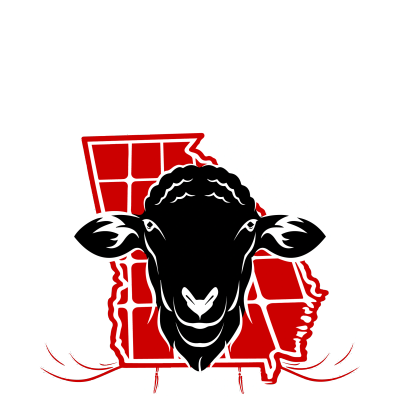 Black goat head over red grid map of Georgia state.