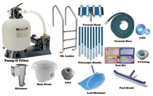 Swimming Pool Cleaning Equipments, Swimming Pool Maintenance, hosepipe, deepnet, pole, vacuum head.