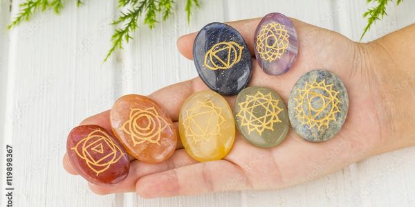 A variety of chakra stones resting in a palm, representing energy alignment and chakra balancing