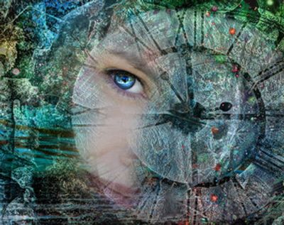 Conceptual image of a woman's eye on a clock, framed by a forest scene, evoking esoteric magic