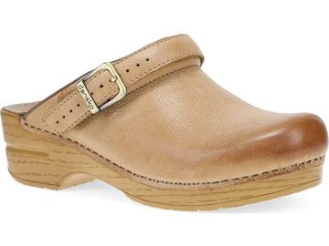 Light brown leather clog with a buckle.