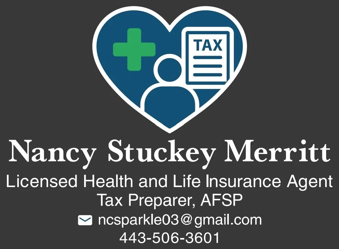 Business card for Nancy Stuckey Merritt, health insurance agent and tax preparer.