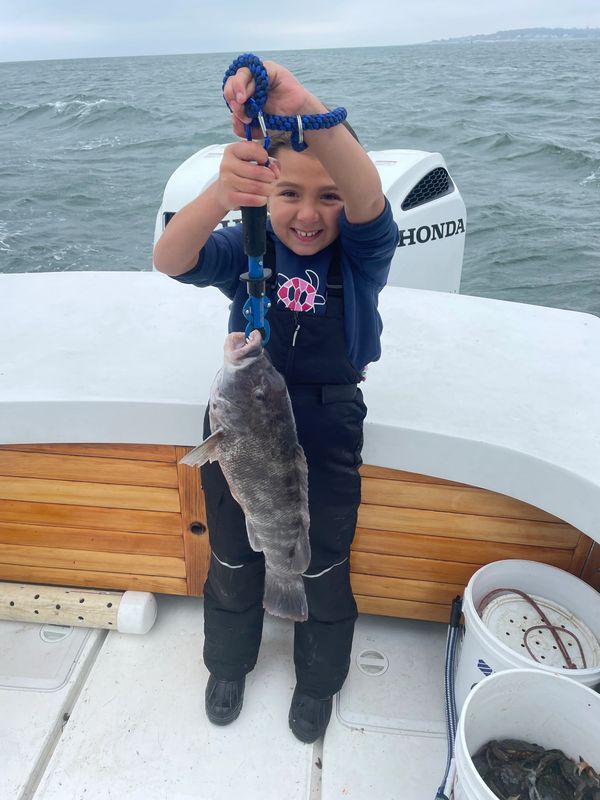Girl holding up large blackfish with boga grip extension on boga grip 