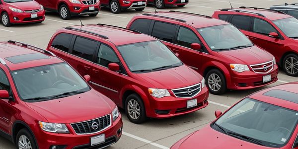 Varios autos rojos estacionados en un estacionamiento.