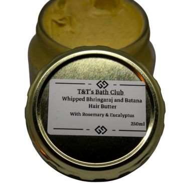 Jar of T&amp;T's Bath Club Whipped Bhringaraj and Batana Hair Butter with Rosemary and Eucalyptus.