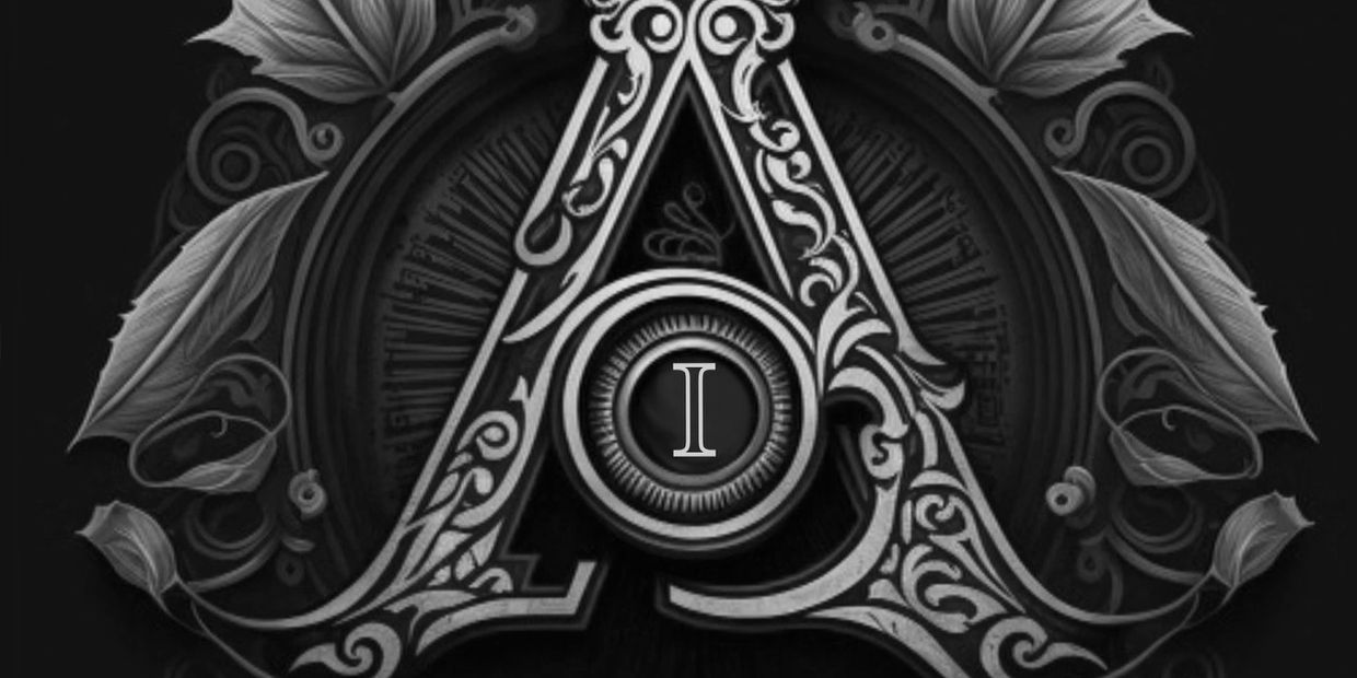Ornate letter 'A' with intricate floral designs and a central circular emblem.