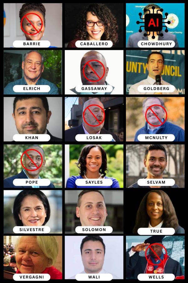 Grid of portraits with some faces crossed out in red circles and names labeled.
