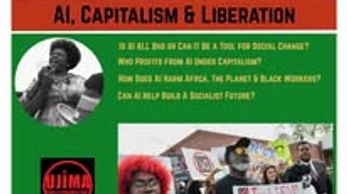 Protesters discuss AI, capitalism, and liberation in a social justice context.
