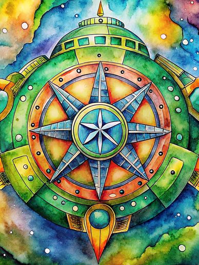 Colorful compass star with vibrant cosmic background in watercolor style.
