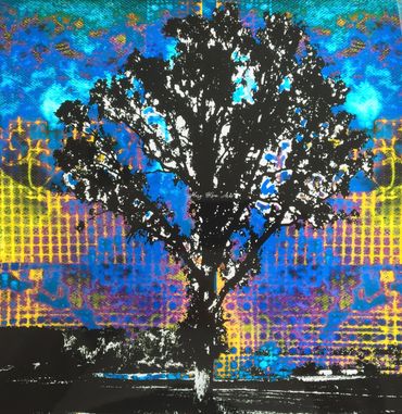 abstract painting of black tree with blue background 