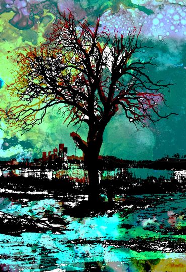 painting of a tree and city in background 