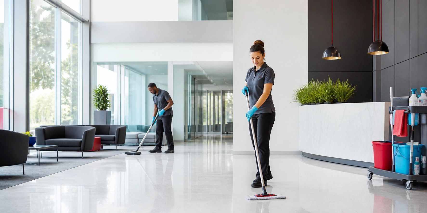 Professional janitorial cleaners maintaining a bright, modern office lobby.