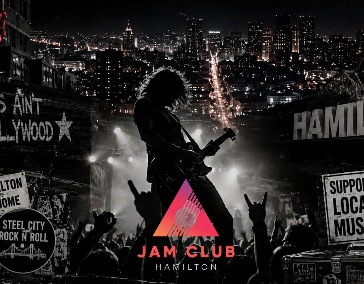 Silhouette of a guitarist rocking a live show in Hamilton's Jam Club at night.