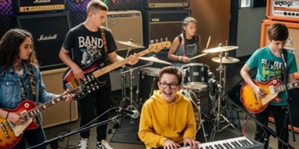 A group of kids playing various instruments in a music studio.