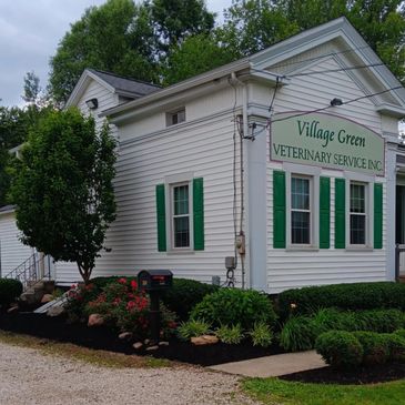 White veterinary clinic with green shutters and well-maintained garden.