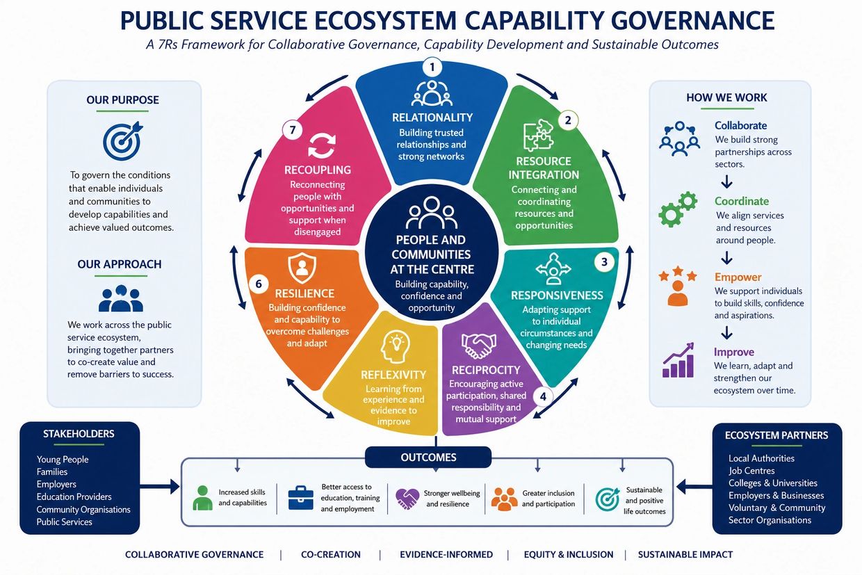 Diagram illustrating a 7Rs framework for public service ecosystem capability governance with people at the center.
