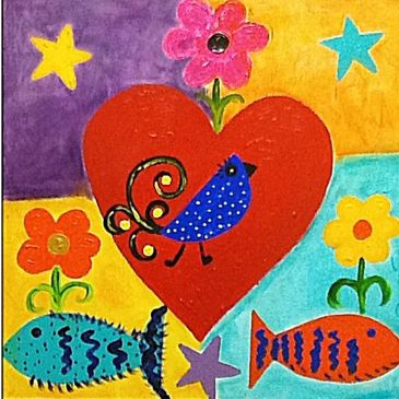 Colorful heart with birds and flowers.