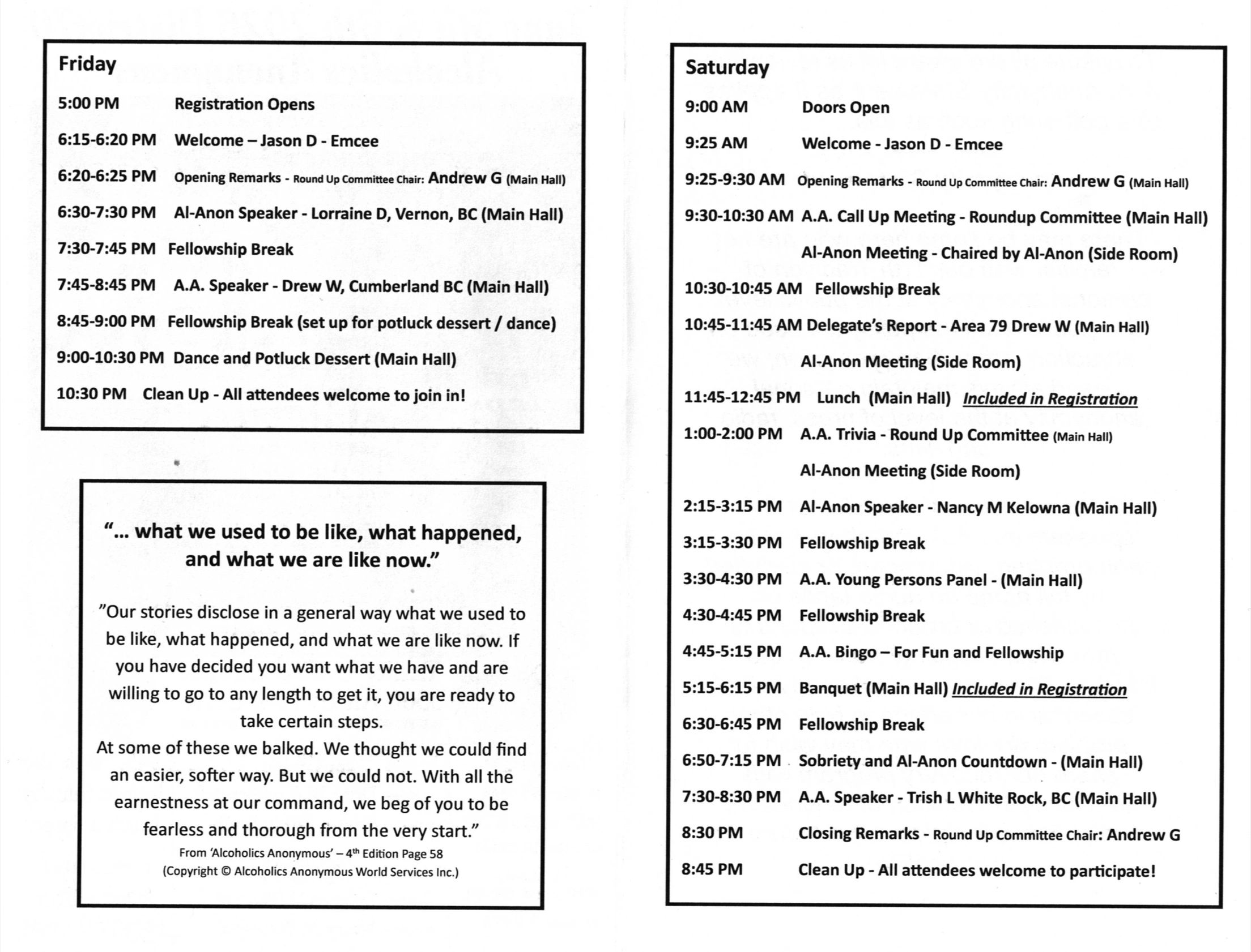 Schedule for Friday and Saturday events including speakers, meetings, and fellowship activities.