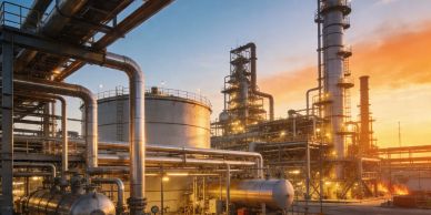 Industrial refinery complex with pipes and tanks at sunset.