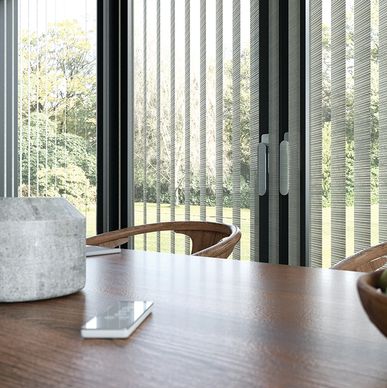 Vertical blinds. Vertical fabric. Vertical vanes. Kitchen or Patio door. 