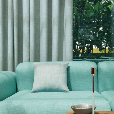 Custom drapery. Custom curtains. Modern drapery. Soft look, living room. Teal fabric. Blue fabric. 
