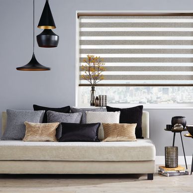 Zebra blind. Zebra shades. Modern. Contemporary. Versatile blind. New style, horizontal design. 