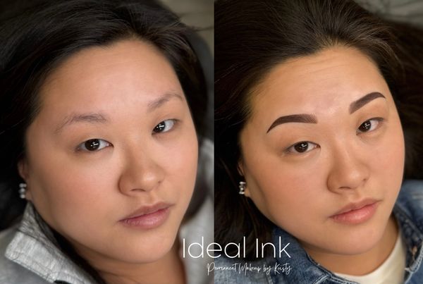 Before and after eyebrow tattooing on a woman's face.