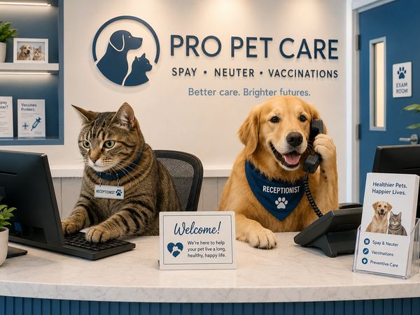 A modern vet clinic reception shows a tabby cat typing at a computer while a golden retriever answer