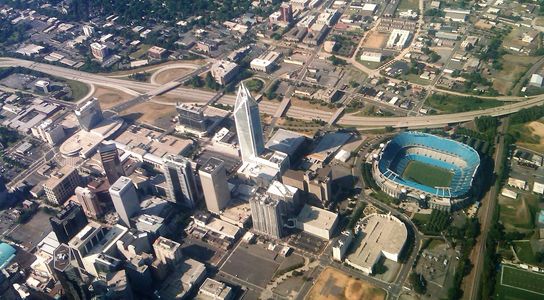 Duke Energy Tower and Carolina Panthers' Stadium in Charlotte NC.