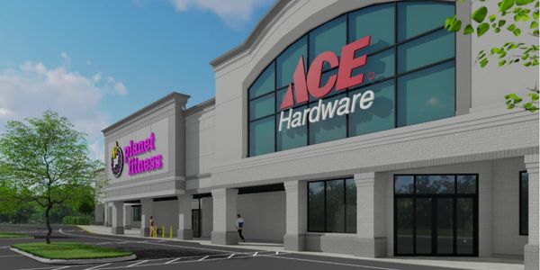 Exterior view of a shopping plaza with ACE Hardware and Planet Fitness stores.