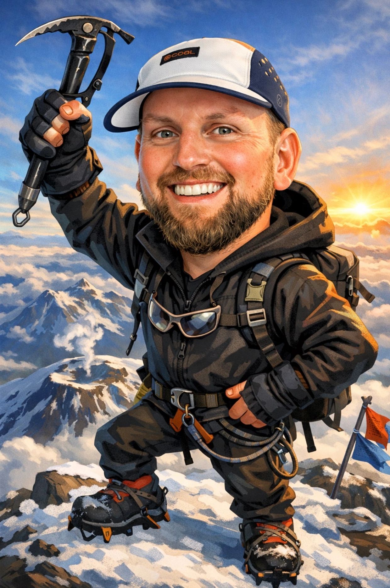 Smiling climber with ice axe stands triumphantly on snowy mountain peak at sunrise.