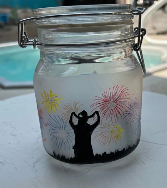 4th of July, Patriotic, Fireworks, Families watching Fireworks, Etched Glass, Candy Jar