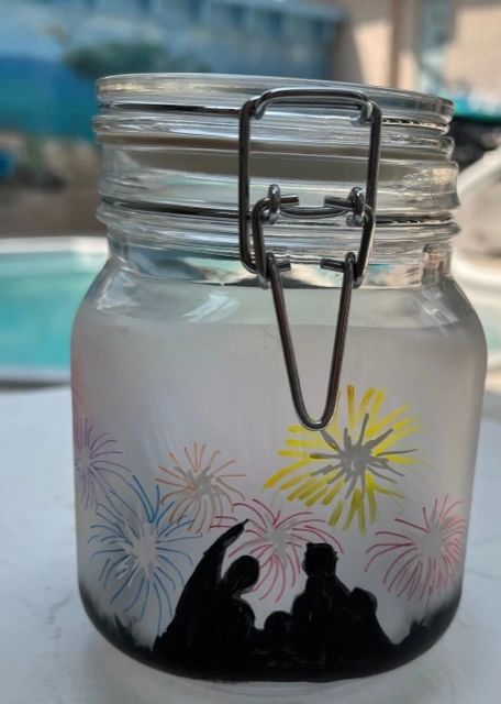 4th of July, Patriotic, Fireworks, Families watching Fireworks, Etched Glass, Candy Jar