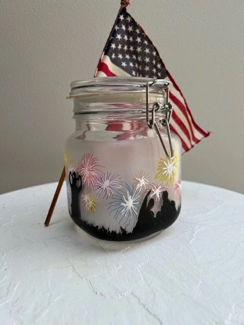 4th of July, Patriotic, Fireworks, Families watching Fireworks, Etched Glass, Candy Jar