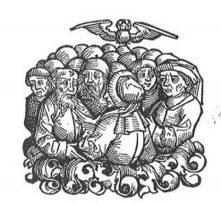 Black and white illustration of a group of people in historical attire.