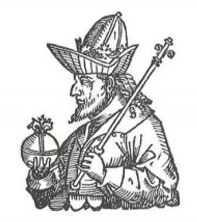 Black and white sketch of a crowned medieval king holding a scepter and orb.