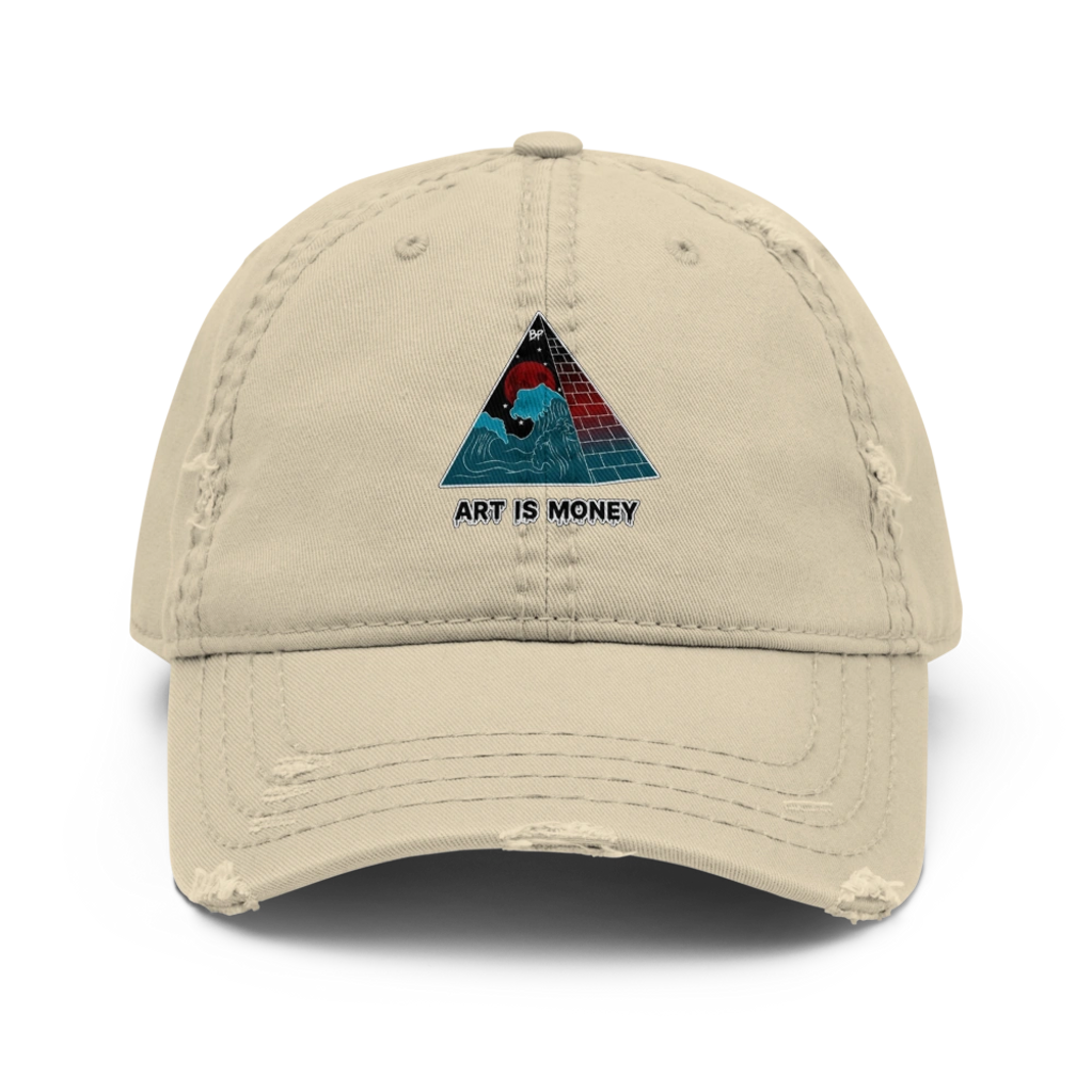 Beige cap with a triangle design and 'ART IS MONEY' text.