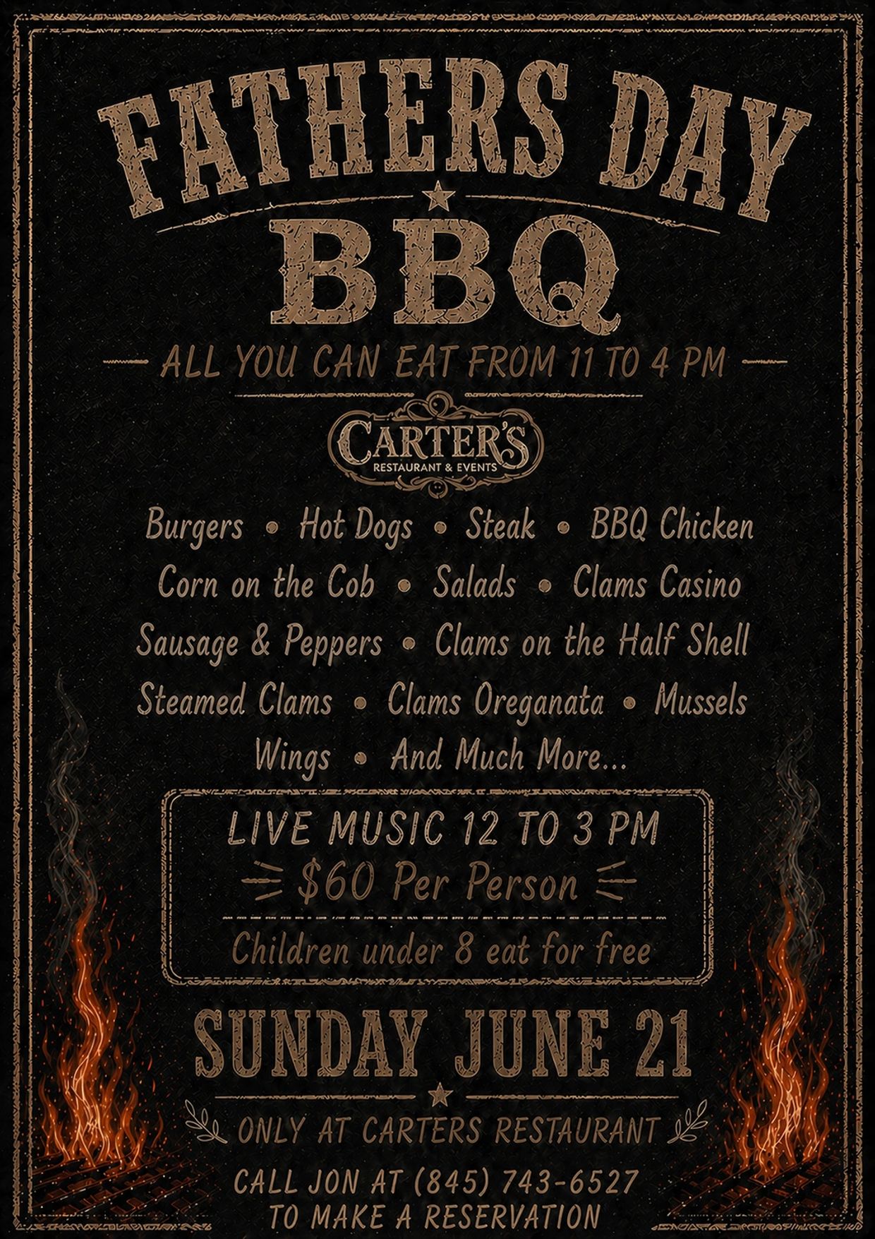 Father's Day BBQ event with all-you-can-eat food and live music at Carter's Restaurant.