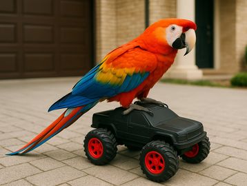 A Macaw sitting on the back of a RC truck.