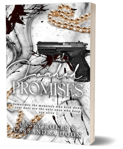 Book cover of "Loaded Promises" featuring a gun, pearls, and splattered ink.