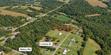 Aerial of 1 wooded acre for sale near Albemarle, Stanly County NC, on Lorene Dr