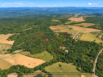 Aerial view of a rural forested land plot outlined in red.