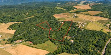 Aerial view of about 20.65 wooded creekfront acres for sale in Orange County, NC, near Mebane